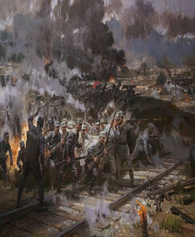 《百团大战——正太铁路破袭战》合作，布面油画260cm×350cm，2017