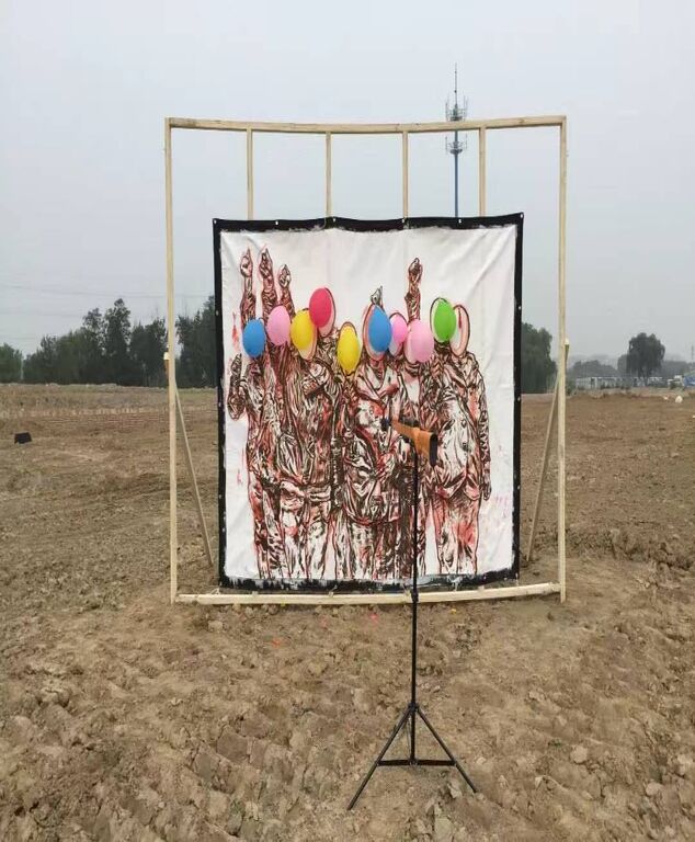 《“打气球”》绘画行为现场，北京郊外，2016