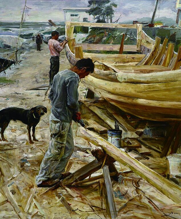 《打船》布面油画170cm×140cm，2009