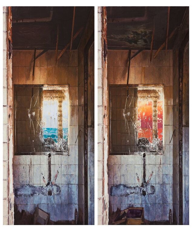 《大家来找茬•镜中窗》（两图有六处不同）布面油画 180cm×140cm×2，2016、7、8