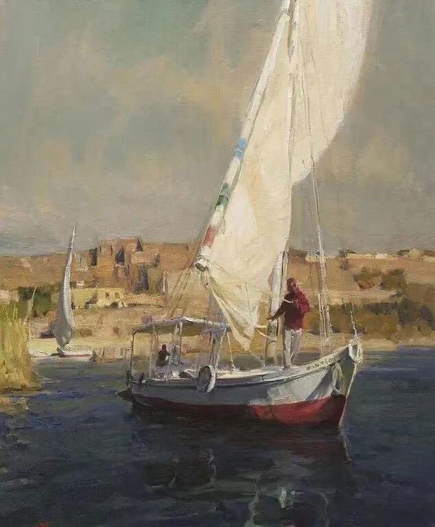 《泛舟尼罗河》布面油画100cm×100cm，2018