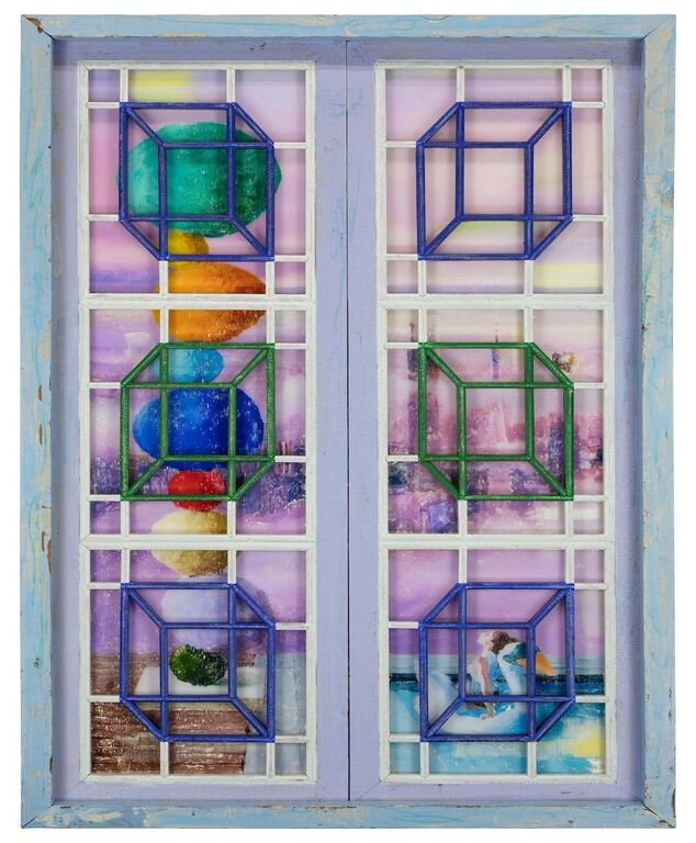 《后窗·彩石》古董木窗、油菜、有机玻璃，157cm×92cm×10cm，2021