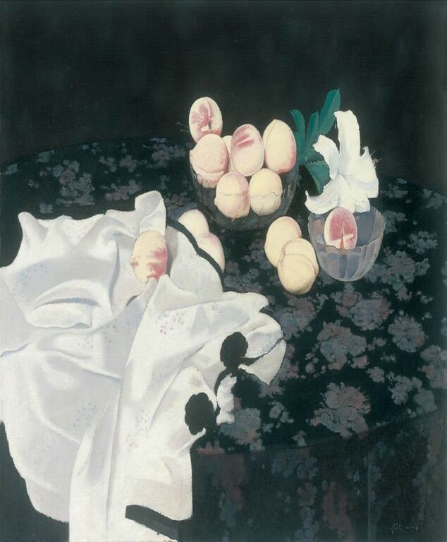 《花布上的桃子》布面油画91cm×117cm，2004