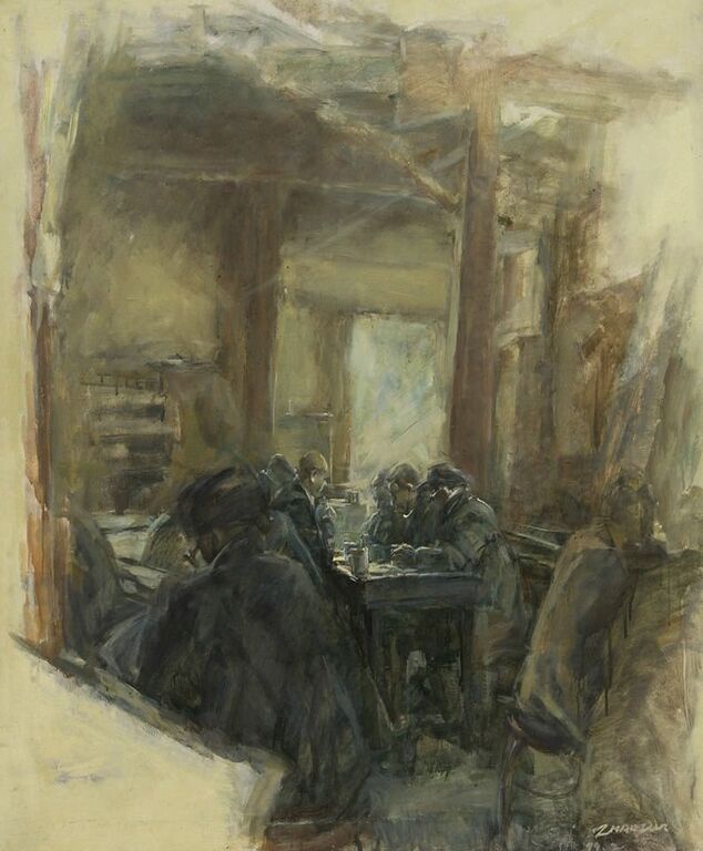 《老茶馆》布面油画100cm×100cm，1998