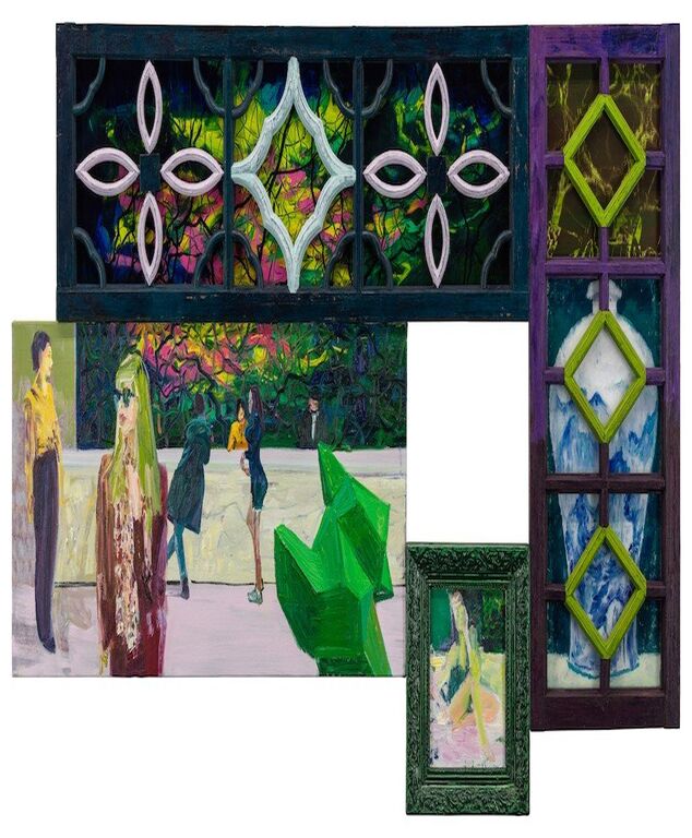 《前台》古董木窗、油彩、亚麻画布、有机玻璃、画框、铝塑板，107cm&times;170cm&times;5cm，2021