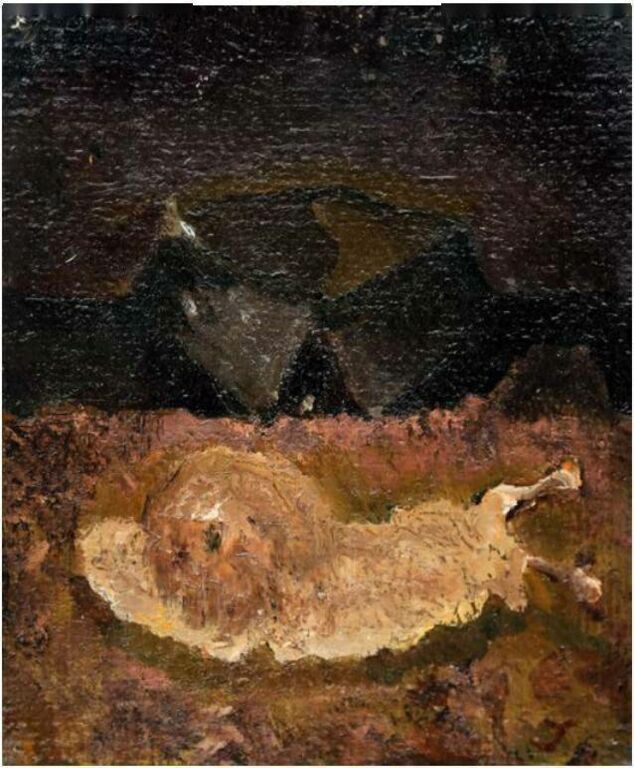《世纪末的寓言——蜗牛》布面油画18.5cm×16cm，1989