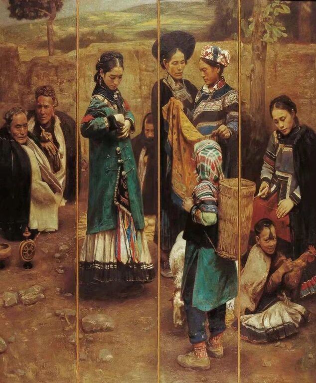 《乡场》布面油画180cm×160cm，1993