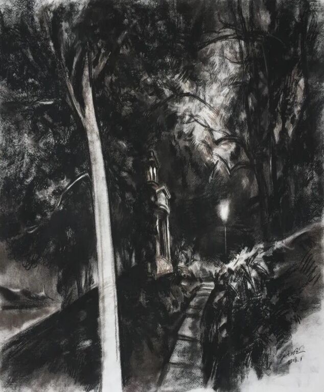 《印象西湖·1》纸本木炭、色粉79cm×109cm，2018