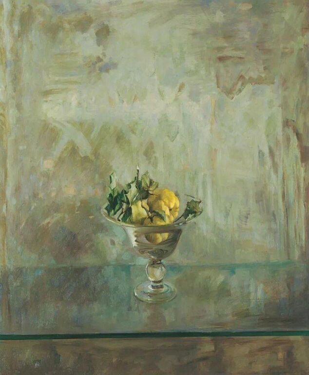 《桌上静物—梨》布面油画100cm×100cm，2004